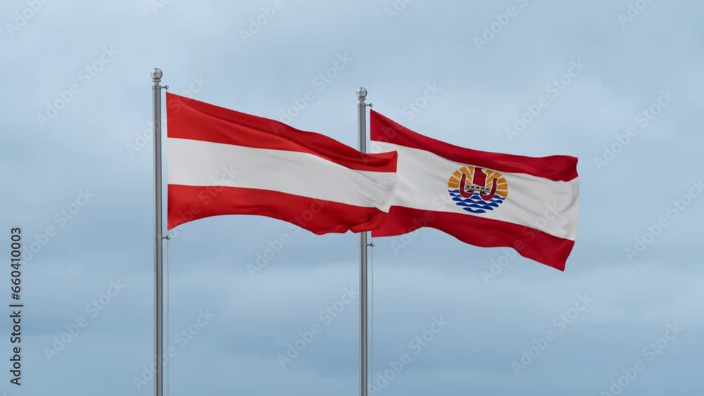 French Polynesia flag and Austria flag waving together on cloudy sky, endless seamless loop, two country relations concept French Polynesia flag and Austria flag waving together on cloudy sky, endless seamless loop, two country relations concept