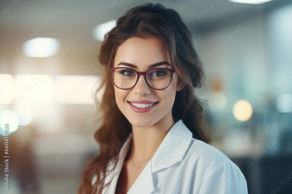Half body view of beautiful female scientist standing in white coat and glasses in modern medical science laboratory with team of experts in the background. Half body view of beautiful female scientist standing in white coat and glasses in modern medical science laboratory with team of experts in the background.