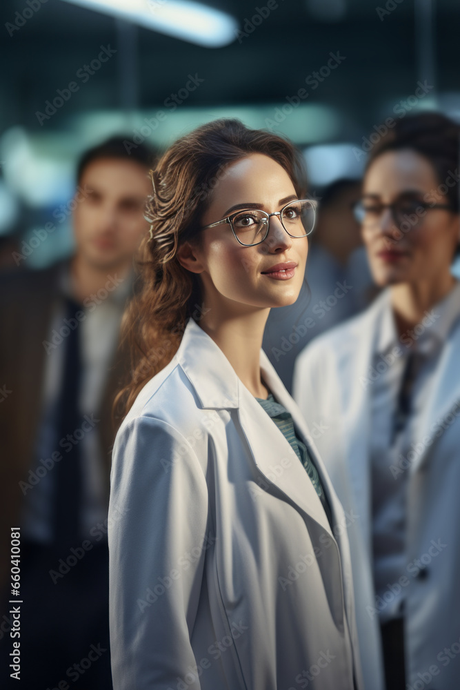 Half body view of beautiful female scientist standing in white coat and glasses in modern medical science laboratory with team of experts in the background. Half body view of beautiful female scientist standing in white coat and glasses in modern medical science laboratory with team of experts in the background.