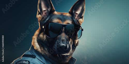 A German Shepherd, dressed as a security officer, stands confidently with sunglasses, offering wide banner space for text. photo