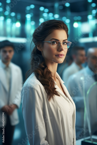 Half body view of beautiful female scientist standing in white coat and glasses in modern medical science laboratory with team of experts in the background.