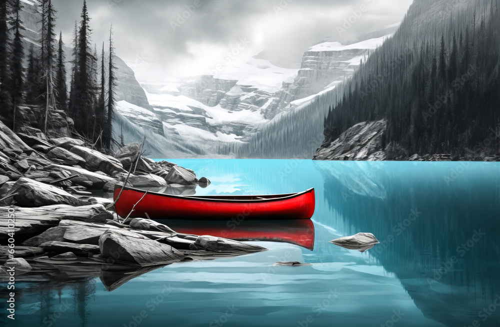 Red canoe on a lake with mountains in the background. 