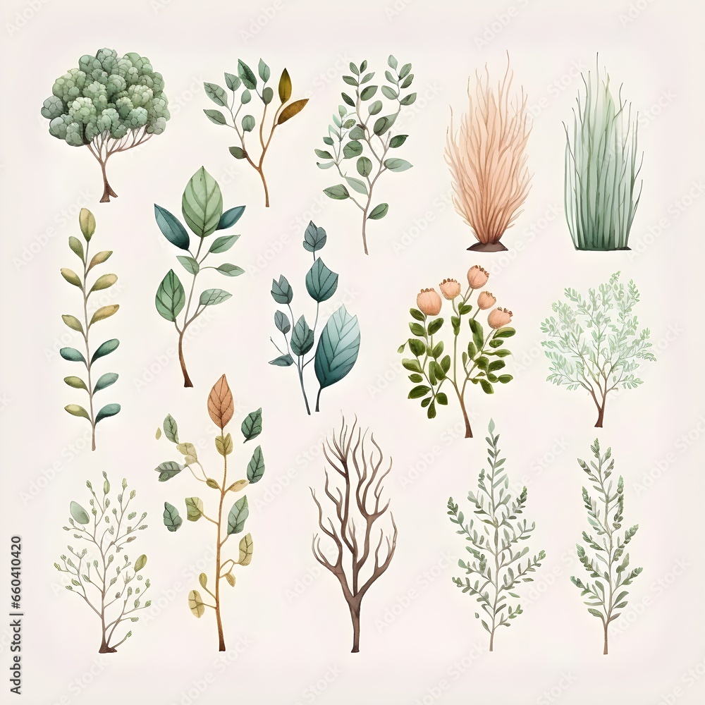 cute bushes collection on white background with margins watercolor soft boho colors  - obrazy, fototapety, plakaty 