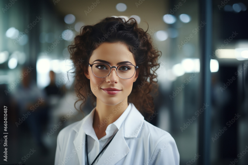 Half body view of beautiful female scientist standing in white coat and glasses in modern medical science laboratory with team of experts in the background. Half body view of beautiful female scientist standing in white coat and glasses in modern medical science laboratory with team of experts in the background.