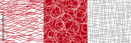 Seamless vector patterns in line art style. Patterns set on separate layers. Doodle style patterns red and white colors. Minimalist ornament for design and print