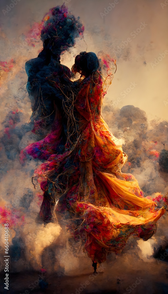 man and woman embrace wrapped in an explosion of gassy silk smoke Float flying suspended chaos wind movement psychedelic landscape in background rich warm colors hd unreal engine abstract dramatic 