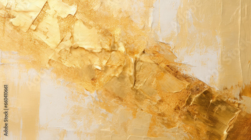 An up-close view of an abstract gold art painting, highlighting oil brushstrokes and palette knife techniques on canvas.