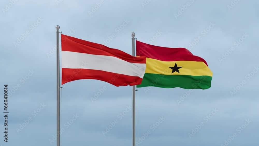 Ghana flag and Austria flag waving together on cloudy sky, endless seamless loop, two country relations concept Ghana flag and Austria flag waving together on cloudy sky, endless seamless loop, two country relations concept