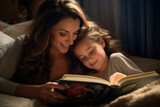 mother reads a story to her child on the bed