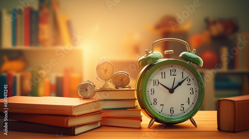 Ready for school concept background with books, alarm clock and accessory 3D Rendering, 3D Illustration