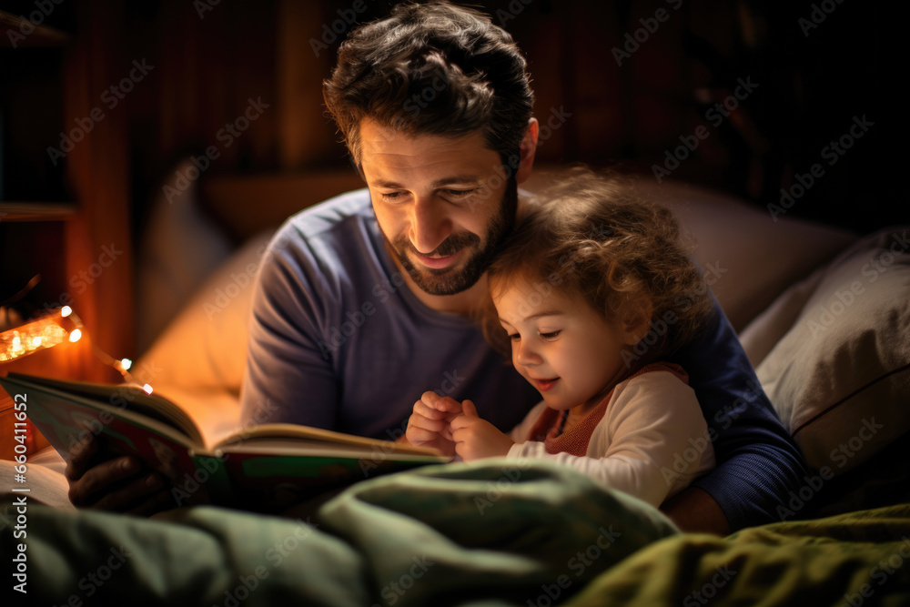 father reads a story to her child on the bed father reads a story to her child on the bed