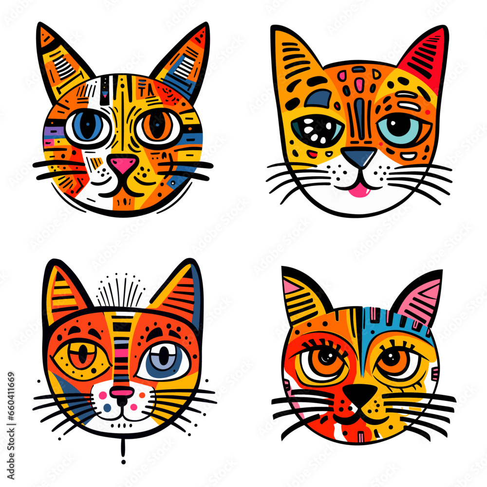 Funny cat animal head cartoon set in colorful flat illustration style. Cute kitten pet collection, diverse domestic cats.