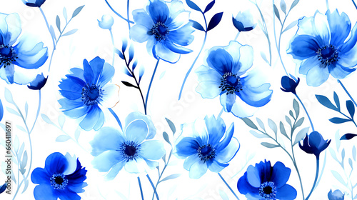seamless blue floral water color pattern on white background