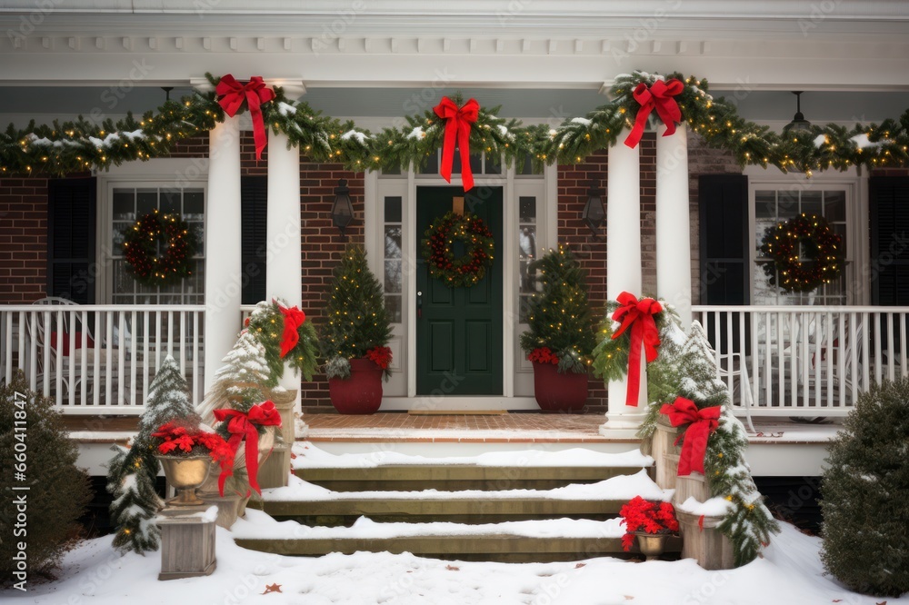 Fototapeta premium Classic christmas decorations on the door and front porch of suburban house with snow