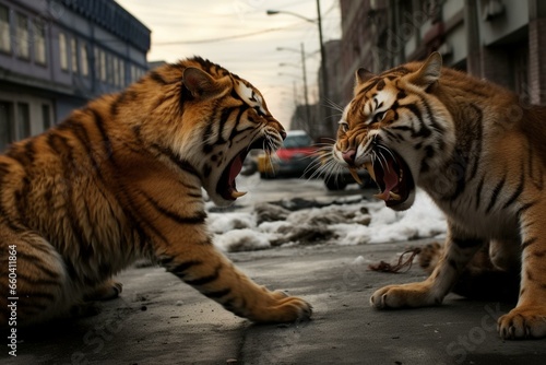 Street altercation between felines. Generative AI photo