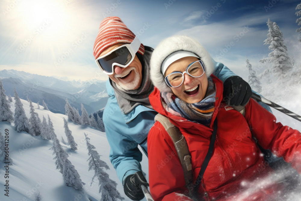 Happy elderly couple skiing on a snowy slope against the backdrop of fir trees Happy elderly couple skiing on a snowy slope against the backdrop of fir trees