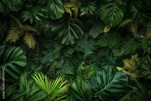 Green leaves with frame on background, copy space, top view. Generative AI