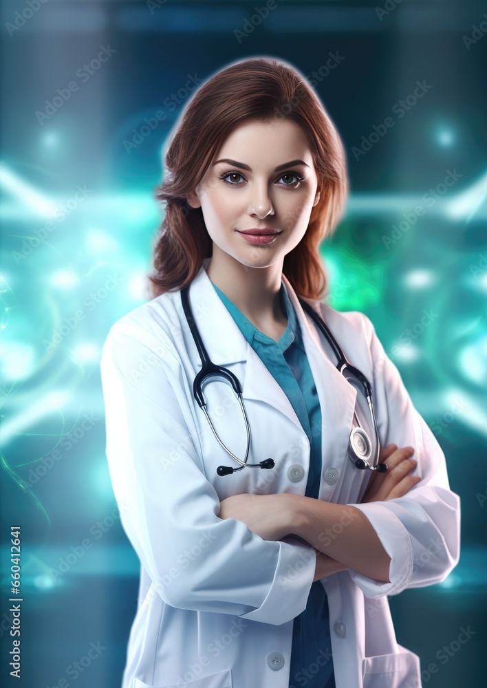 Portrait of pretty women doctor working in modern looking hospital. Generative Ai. Portrait of pretty women doctor working in modern looking hospital. Generative Ai.