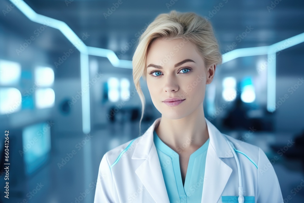 Portrait of pretty women doctor working in modern looking hospital. Generative Ai. Portrait of pretty women doctor working in modern looking hospital. Generative Ai.