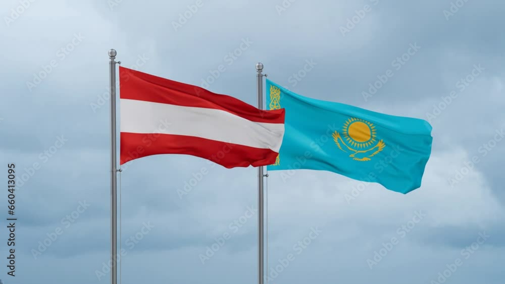 Kazakhstan and Austria flag waving together on cloudy sky, endless seamless loop, two country cooperation concept Kazakhstan and Austria flag waving together on cloudy sky, endless seamless loop, two country cooperation concept