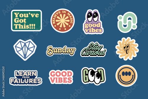 Sticker set Cute vector template decorated with cartoon image and aesthetic quotes graphic design