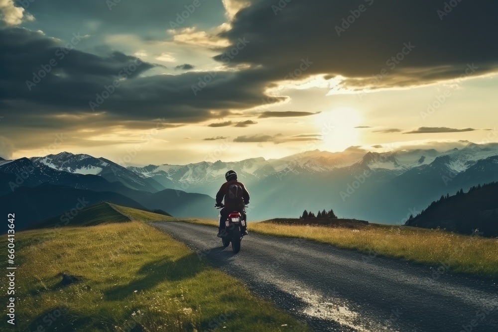 Motorbiker riding in mountains in beautiful sunset