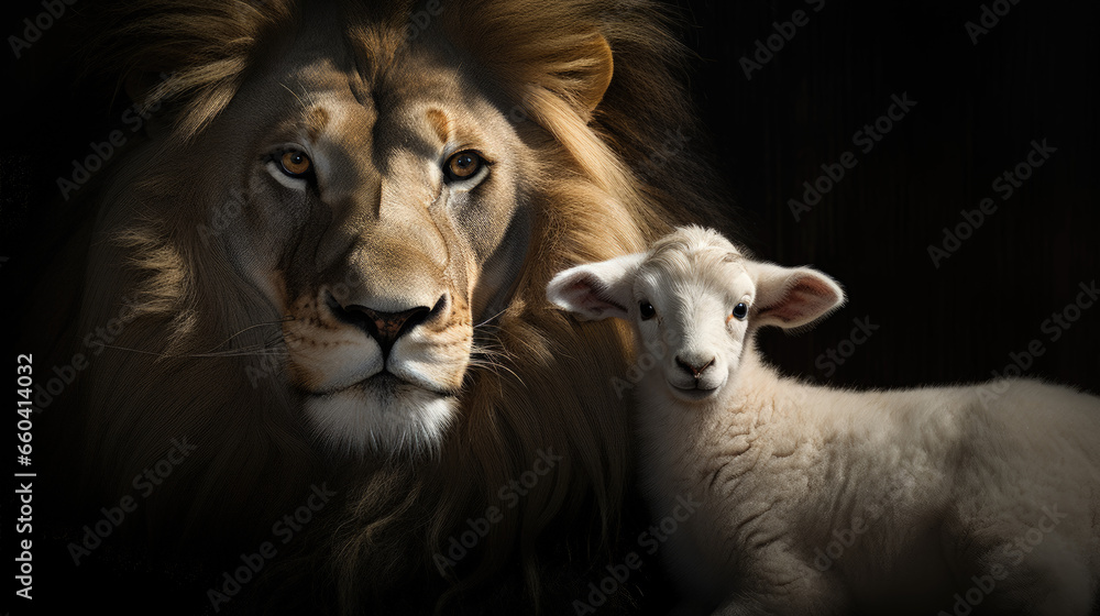 A captivating image of the Lion and the Lamb together against a black background. A captivating image of the Lion and the Lamb together against a black background.