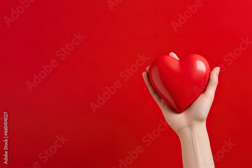 hand holds a red heart love shape on a red background with copy space