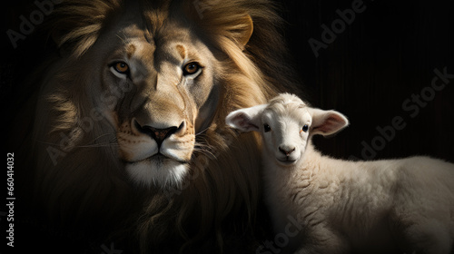 A captivating image of the Lion and the Lamb together against a black background. © ImageHeaven