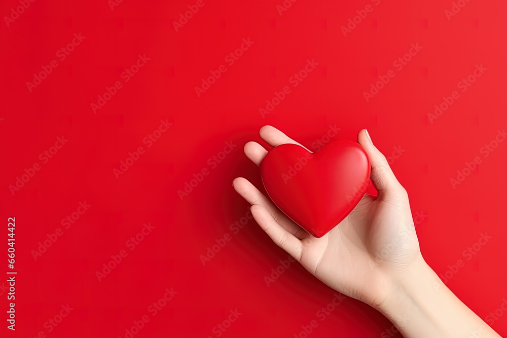 Fototapeta premium hand holds a red heart love shape on a red background with copy space