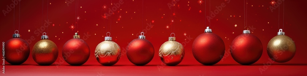 Red Christmas balls with golden pattern on clear burgundy background. New year decoration, festive atmosphere concept. Banner with copy space Red Christmas balls with golden pattern on clear burgundy background. New year decoration, festive atmosphere concept. Banner with copy space