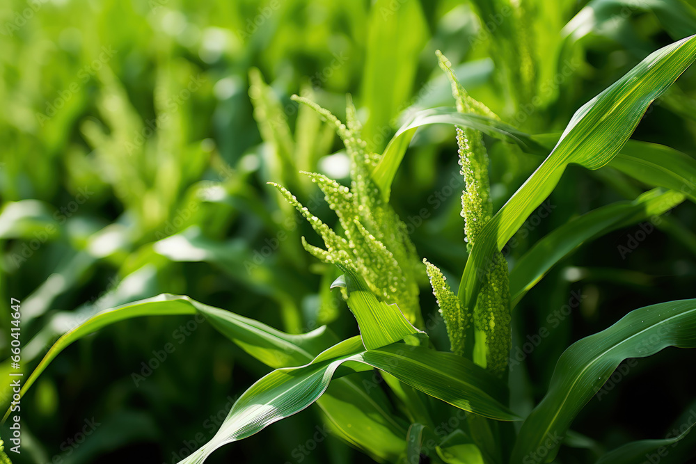 A close-up of lush green biofuel crops, such as corn or sugarcane, used for sustainable energy. A close-up of lush green biofuel crops, such as corn or sugarcane, used for sustainable energy.