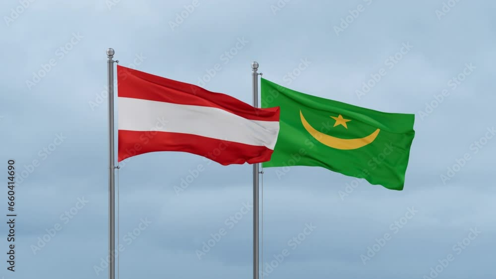 Mauritania flag and Austria flag waving together on cloudy sky, endless seamless loop, two country relations concept Mauritania flag and Austria flag waving together on cloudy sky, endless seamless loop, two country relations concept