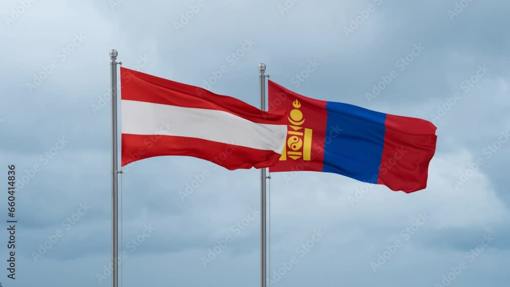 Mongolia and Austria flag waving together on cloudy sky, endless seamless loop, two country cooperation concept Mongolia and Austria flag waving together on cloudy sky, endless seamless loop, two country cooperation concept