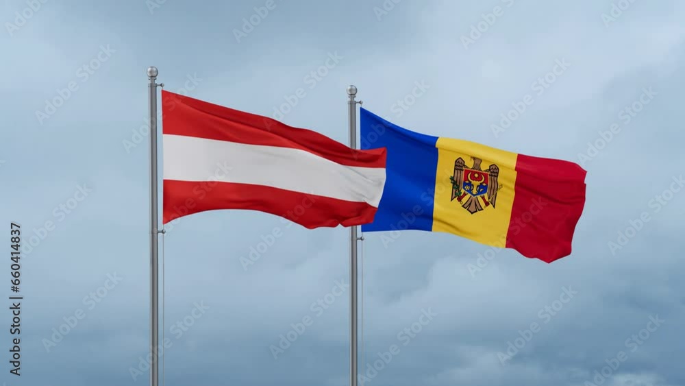 Moldova and Austria flag waving together on cloudy sky, endless seamless loop, two country cooperation concept Moldova and Austria flag waving together on cloudy sky, endless seamless loop, two country cooperation concept