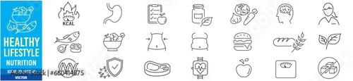 Nutrition healthy lifestyle line icons collection editable stroke vector