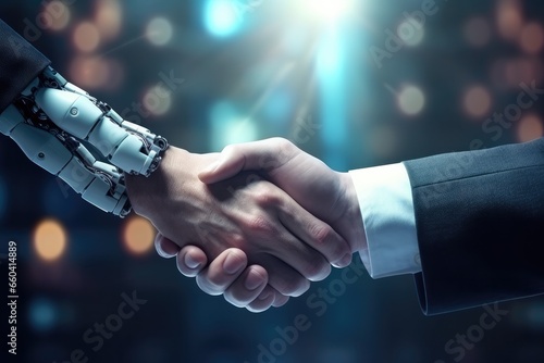 Businessperson human hand And robot are shaking hands office meeting Generative Ai © annamaria