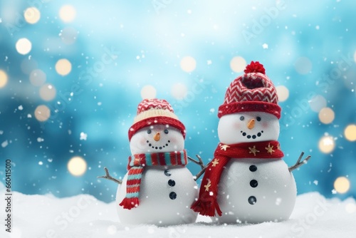 Two little happy snowman in knitted caps and scarfs standing in winter landscape. Festive background with a lovely snowman. Merry Christmas and happy New Year greeting card with copy space