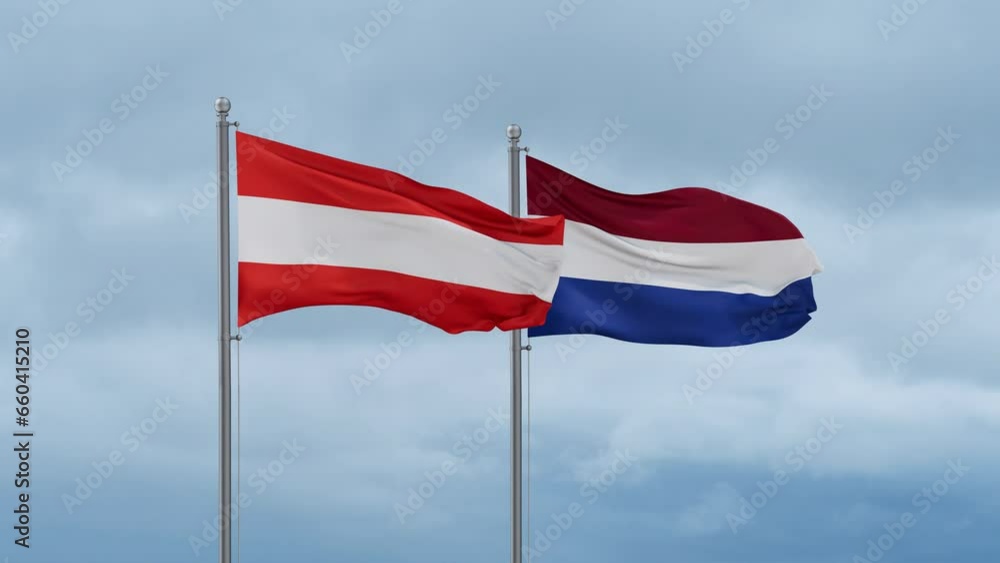 Netherlands flag and Austria flag waving together on cloudy sky, endless seamless loop, two country relations concept Netherlands flag and Austria flag waving together on cloudy sky, endless seamless loop, two country relations concept