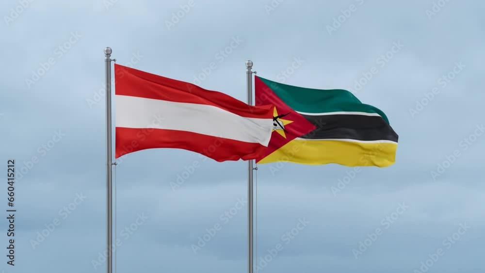 Namibia and Austria flag waving together on cloudy sky, endless seamless loop, two country cooperation concept Namibia and Austria flag waving together on cloudy sky, endless seamless loop, two country cooperation concept
