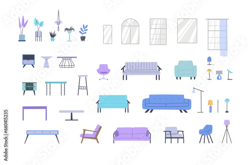 Furniture set of couches, armchairs, tables, drawers, lamps, windows, flowerpots for constructing interior designs.