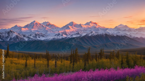 Beautiful rich nature of Denali National Park at sunset. High resolution, photogenic. cinematic wide angle shot