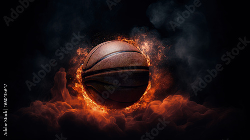An artistic and minimalistic image featuring a dark basketball set against a solid black background, creating a sense of stark contrast and simplicity. © ImageHeaven