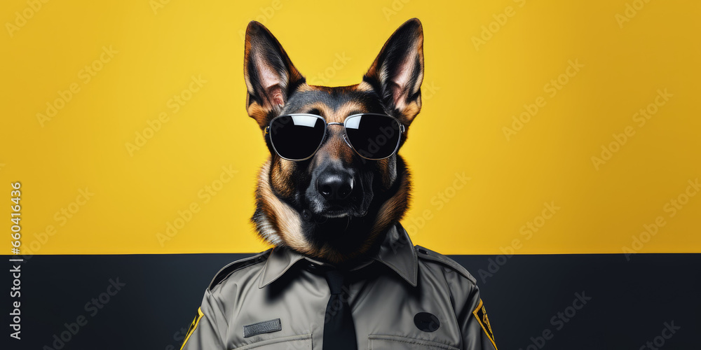 A German Shepherd in cop attire, guarding with authority.Copy Space. A German Shepherd in cop attire, guarding with authority.Copy Space.