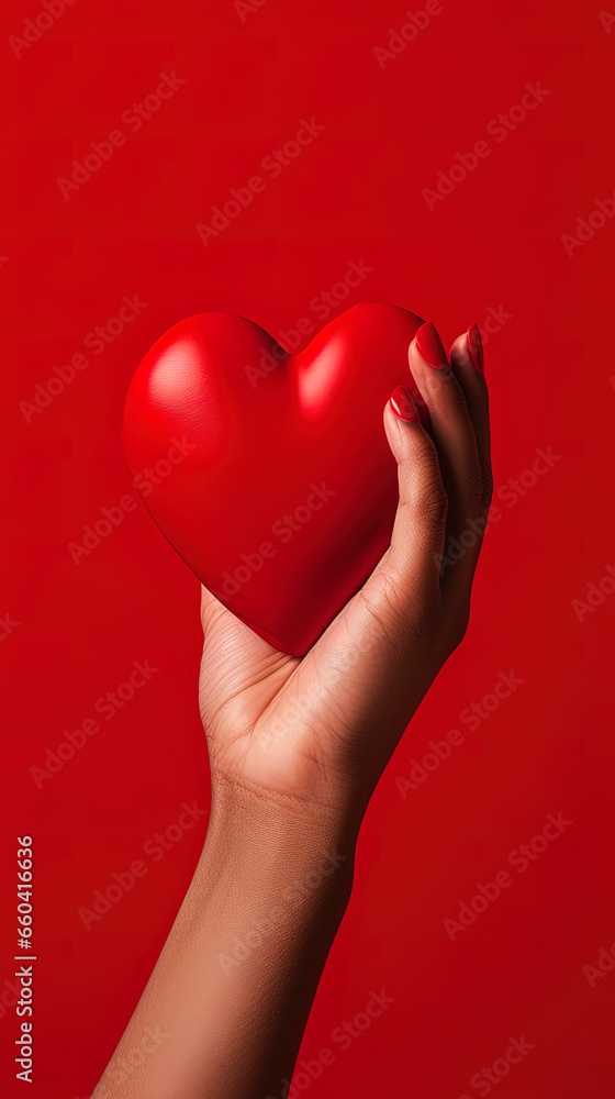 Obraz premium hand holds a red heart love shape on a red background