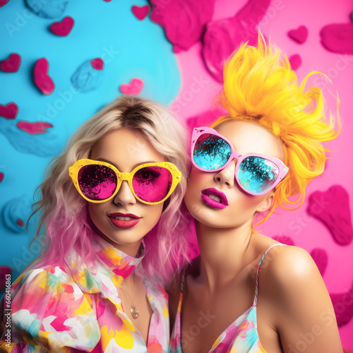 fashion portrait of two girls in stylish glasses, creative design, party concept © Porechenskaya