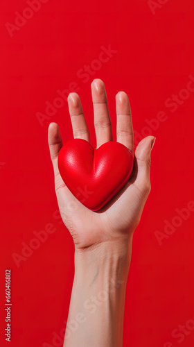 Wallpaper Mural hand holds a red heart love shape on a red background Torontodigital.ca