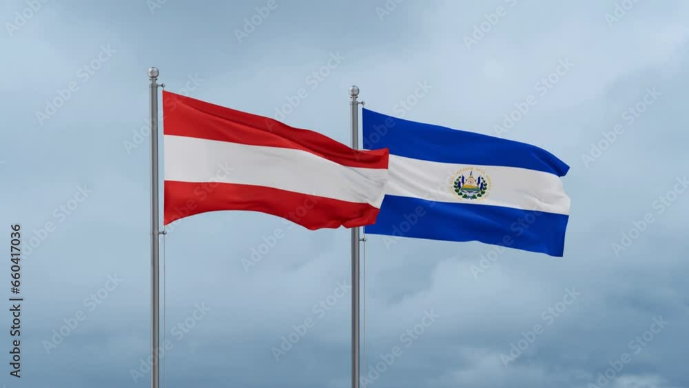 Republic of El Salvador and Austria flag waving together on cloudy sky, endless seamless loop, two country cooperation concept Republic of El Salvador and Austria flag waving together on cloudy sky, endless seamless loop, two country cooperation concept