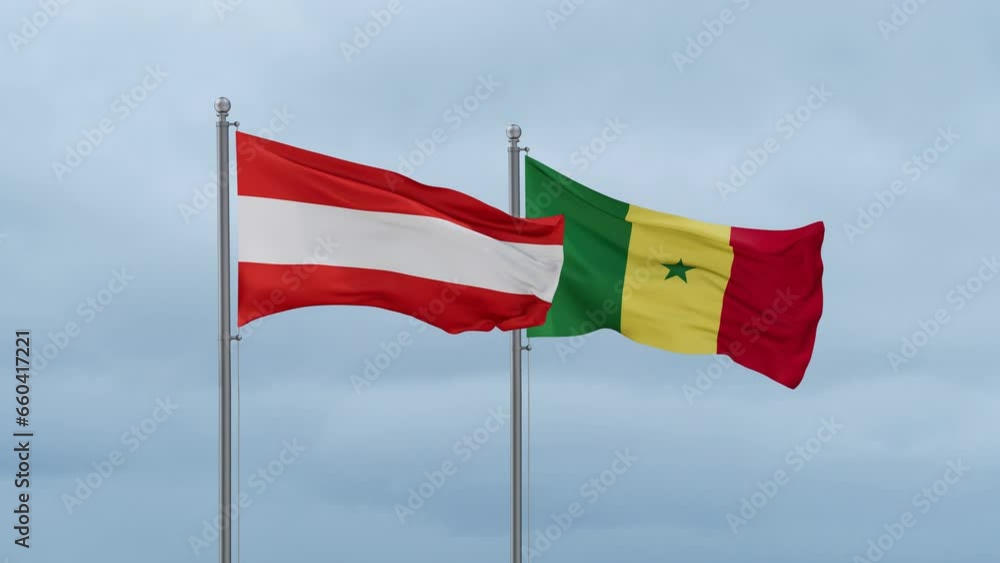 Republic of Senegal and Austria flag waving together on cloudy sky, endless seamless loop, two country cooperation concept Republic of Senegal and Austria flag waving together on cloudy sky, endless seamless loop, two country cooperation concept