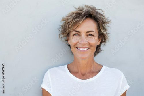Smiling middle age woman wearing white shirt. photo